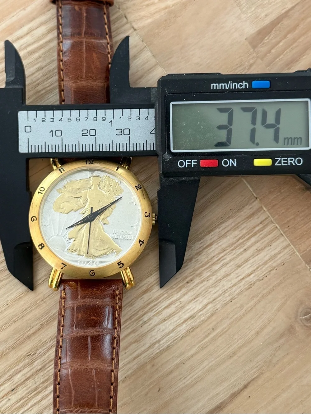 Brittania 1940 Walking Liberty Coin Watch Two-Tone Dial Gold Case Leather Strap